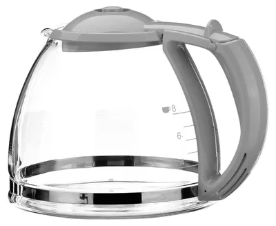 A clear glass coffee pot with a gray handle and lid.