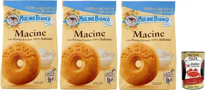 Produktbild von Mulino Bianco Biscotti Frollini Macine con Panna Fresca, Kekse mit frischen 100% italienischen Milch, Ohne Palmöl, Frühstück voller Geschmack, buscits cookies 3x 350 g + Italian Gourmet polpa 400 g