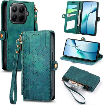Produktbild von Für Xiaomi 15T Pro 5G Geometric Kunstleder Zipper Book Wallet Tasche Grün
