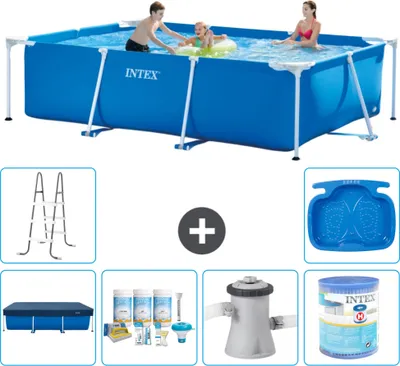 Produktbild von Intex-Schwimmbecken mit rechteckigem Rahmen – 300 x 200 x 75 cm – Blau – im Lieferumfang enthalten Abdeckung - Wartungspaket - Filterpumpe für Schwimmbad - Filter - Leiter - Fußbad