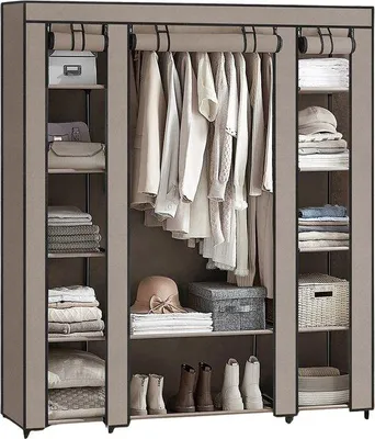 Produktbild von Trendique - Kleiderschrank - Kleiderständer - Garderobenschrank - Aufbewahrungsschrank - Mit Kleiderstange - 12 Fächer - Zusammenklappbar - Taupe - 150x45x175 cm