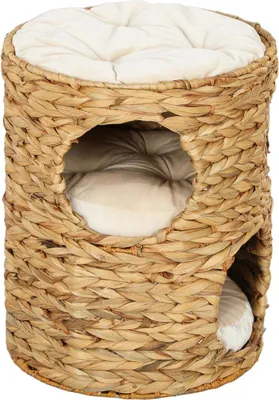 Produktbild von Kratztonne, 50 cm hoch Katzentonne mit 2 Höhle, Kratzbaum mit Kissen, Katzenturm aus Wasserhyazinthe, für Katze bis 3,5 kg, Hellbraun