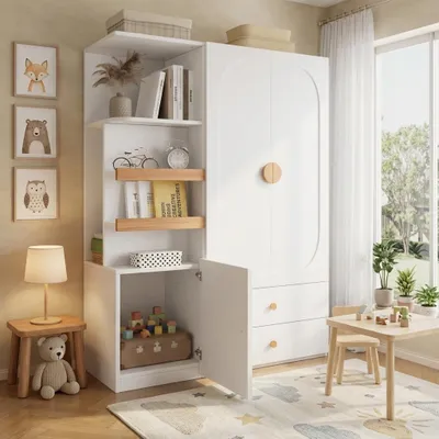 Produktbild von okwish Kleiderschrank mit Schubladen,Kleiderstange und offenen Regalfächern, Mehrzweckschrank mit viel Stauraum,Weiß, KI-generiertes Bild