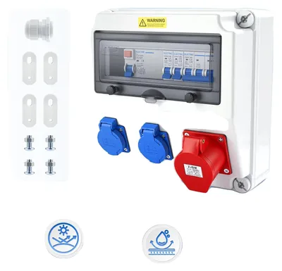 Imagen del producto de Distribuidor de energía, interruptor automático, 2 tomas Schuko y CEE, color azul