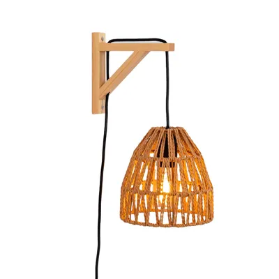Produktbild von Holzwandleuchte mit geflochtenem Seilschirm und E27-Stecker und Schalter „SEOUL“