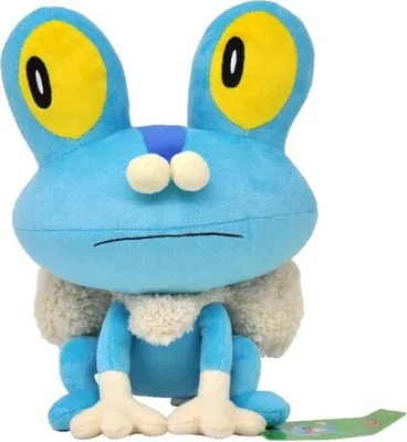 A blue plush toy frog sitting down, facing forward, on a white background.