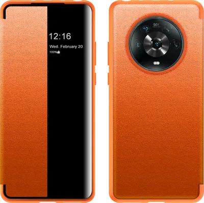 Image de Etui pour Honor Magic 4 étui fin à rabat en cuirPolyuréthaneavec fenêtre d'affichage Orange