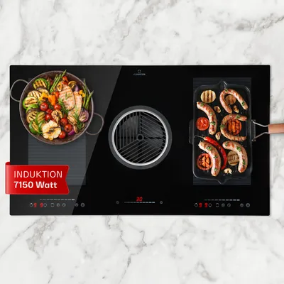 Produktbild von Klarstein 2-in-1 Kochfeld mit Dunstabzug Integriert, Induktionskochfeld mit Dunstabzug für Kochinsel, 4er Kochfeld mit Integriertem Dunstabzug, 654m³/h Luftstrom, Touch-Display, Energieeffizienz A