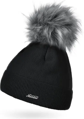 Produktbild von Damen Mütze gefüttert Fell-Bommel Kunstfell Wollmütze Wintermütze Bommelmütze Feinstrick Neverless® schwarz unisize