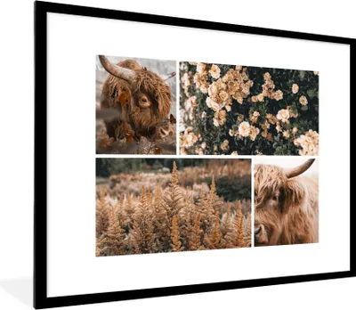 Produktbild von MuchoWow® Gerahmtes Poster Scottish Highlander - Blumen - Pflanzen 80x60 cm - Poster mit Schwarzem Bilderrahmen Wandposter Rahmen Foto Bilder - Schlafzimmer-Dekorationen - Fotoposter