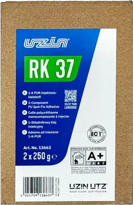 The image shows the packaging of UZIN RK 37 1K PUR Injektionsklebstoff.