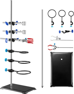 Produktbild von Laborständer-Unterstützung, Labor-Retorten-Stützständer 1 Satz, Laborständer aus Stahl mit 60 cm Stab & 210,82 x 135 mm Gusseisenbasis, inkl. Kolbenklemmen, Bürettenklemmen und Kreuzklemmen