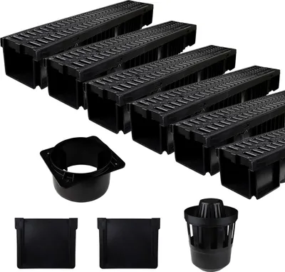Produktbild von Entwässerungsrinne Schwarz Kunststoff 6 Meter – Komplettset
