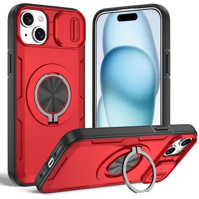 Image de Coque magnétique pour iPhone 15, coque de protection militaire résistante aux chocs avec protection pour l'appareil photo et anneau de fixation/support, rouge