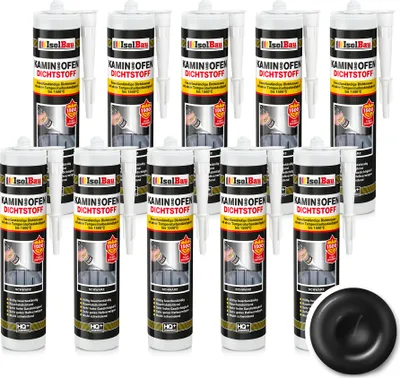 Produktbild von Isolbau Kamin & Ofen Dichtstoff - 10 x 300 ml, Feuerbeständige Dichtmasse bis 1500 °C - Für Reparatur & Füllung von Rissen in Kaminen & Öfen - Schwarz