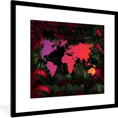 Produktbild von MuchoWow® MuchoWow® Gerahmtes Poster Weltkarte - Farben - Blumen 40x40 cm - Poster mit zchwarzem Bilderrahmen - Poster - Plakat im Rahmen