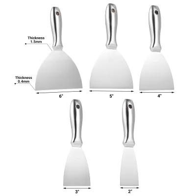 Image de PENGGONG 5Pcs Putty Knife Set 2/3/4/5/6 inch Scraper Spackle Knife Paint Scraper One Piece Premium Polished All-Stainless Steel Scraper Tool Perfect For Repairing Drywall Removing Wallpaper Mud Plaster Scraping