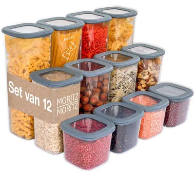 Produktbild von Omgoods – Set mit 12 Aufbewahrungsboxen – Luftdicht – Stapelbar – Lebensmittelgeeignet – Transparent, Grau – Platzsparend – Lebensmittelbehälter