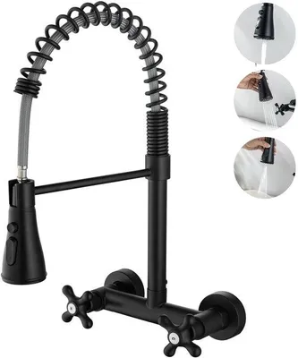 Obrázok produktu pre Nástenná kuchynská batéria, čierna, otočná o 360 stupňov, s 3 výtokmi