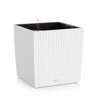 Image de LECHUZA Pot de fleurs CUBE Cottage 50 Blanc | Pot de fleurs avec système d'arrosage et bac à plantes | Aspect tressé | 49 x 49 x 49,5 cm | 15390