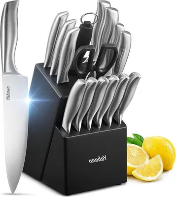 Produktbild von Famanu Messerset 16-teilig Edelstahl - mit schwarzem Holzblock