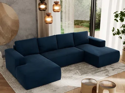 Produktbild von MKS MEBLE Sofa mit Schlaffunktion - Ecksofa mit Schlaffunktion und Bettkasten - Sofa 5 Sitzer - Schlafsofa - Couch - Schlafsofa mit Bettkasten - Trentino U - Dunkelblau Velvet