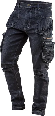 A pair of dark blue denim work pants with multiple pockets.