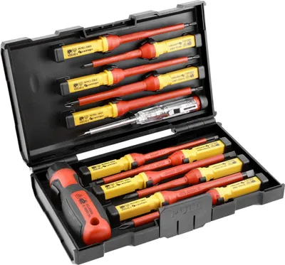 Produktbild von Set isolierter 1000 V-Schraubendreher mit austauschbarem Griff mit Spannungsprüferzur Erkennung von Spannung in Steckdosen. Högert HT1S997, Rot / Gelb