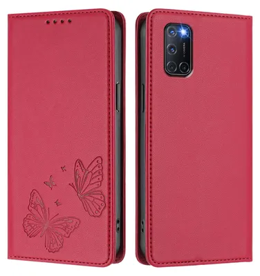 Image de Étui en cuir pour Oppo A52 / A92 / A72 4G, motif papillon, étui portefeuille à rabat avec support, rouge
