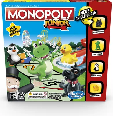 The image shows the front of a Monopoly Junior board game box, featuring cartoon characters and game elements.