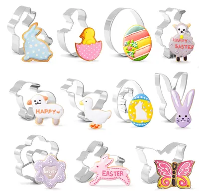Produktbild von 11-teiliges Osterkeks-Ausstechformen-Set: Hasen, Eier, Lämmer, Edelstahl, für Kekse, Fondant und Tortendekoration