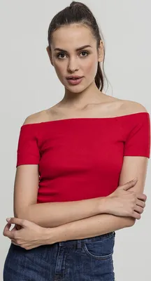 Zdjęcie produktu dla Damska koszulka Urban Classics Ladies Off Shoulder Rib Tee w kolorze ognistoczerwonym – rozmiar L