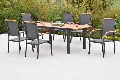 Produktbild von Merxx "Siena" Gartenmöbel Set 7tlg., 6 Stapelsessel, Ausziehtisch 150 (200) x 90 cm, Aluminium/Akazie/Textil