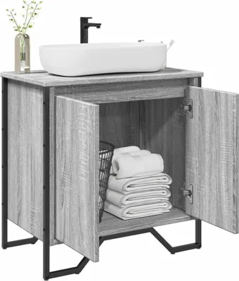 A bathroom vanity with a sink and faucet.