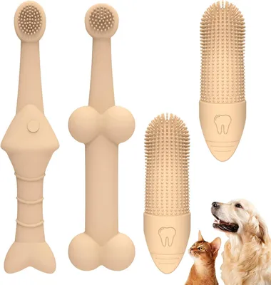 Produktbild von Zahnbürsten-Set für Hunde und Katzen, 4-teilig, Silikon und Fingerzahnbürsten, für kleine und mittelgroße
