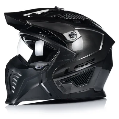 A black and gray motorcycle helmet on a white background.