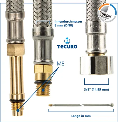 Produktbild von tecuro Sanitärarmaturen Anschlussschlauch M8x1 lang - 3/8 ÜWM x 340 mm - KTW-A- DVGW