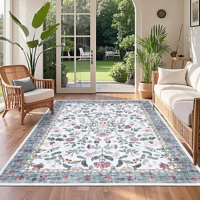 Obrázok produktu pre Prateľný koberec, 120 x 170 cm, svetlomodrá farba, kvetinový vzor, protišmykový, mäkký