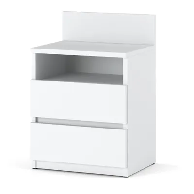 A white bedside table with two drawers and an open shelf.