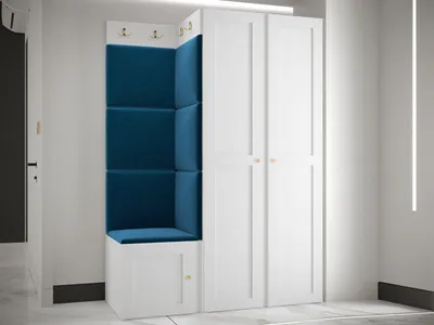 Produktbild von MIRJAN24 Garderoben-Set Orion Ramiro XXIII, Kleiderschrank, Schuhschrank, Kleiderhakenbrett, 7x Paneel 42x42, 8 Kleiderhaken, Metallgriffe (Farbe: Weiß, Manila 26)