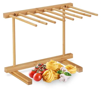 Produktbild von TRANKIELO® - Trockenständer für Pasta aus Bambus mit 8 Halterarmen - Faltbar und platzsparend - 35,5 x 26,5 x 28,5 cm, Naturfarbe