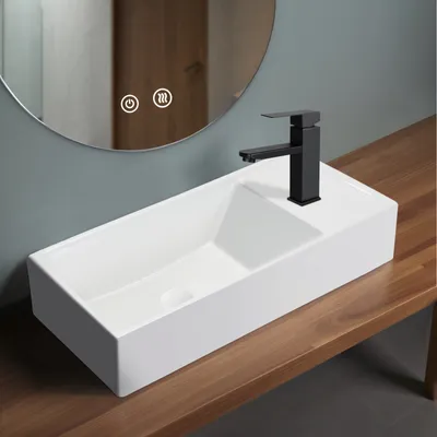 Produktbild von ZMH Waschbecken Keramik Aufsatzwaschbecken mit hahnloch Hängewaschbecken rechteckig 40 × 22 × 10cm Rechts Hängewaschtisch für Bad Gäste WC Waschtisch