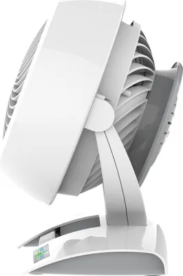 A side profile of a white and gray desk fan, shown on a white background.