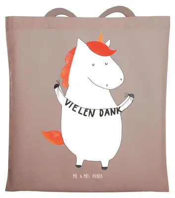 Produktbild von Mr. & Mrs. Panda Tote Bag Einhorn Dankeschön - Braun Pastell - Geschenk, Shopping Tasche, Laptoptasche, Uni, Unicorn, Danksagung, Einhörner, Danke, Tragetasche
