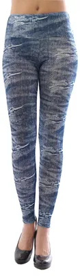 Produktbild von Damen Leggings lang hoher Bund Hose blickdicht Jeans-Muster Leggins blau L