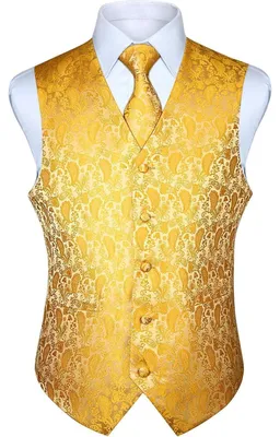 Productafbeelding van Herenset: Vest, stropdas en zakdoek, jacquard, bloemenprint, donkergeel, maat 4XL