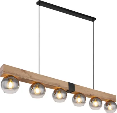A hanging light fixture with a wooden beam and six glass globes.