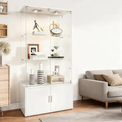 Image de Vitrine en verre avec 3 étagères, éclairage LED, porte avec serrure, espace de rangement, couleur blanche, dimensions : 78,5 x 35 x 164 cm