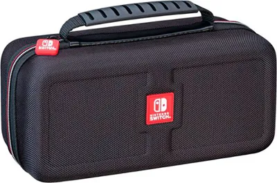 A black Nintendo Switch travel case with a red Nintendo Switch logo on the front.