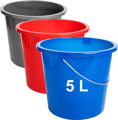 Produktbild von Haushaltseimer 5 L, 3er Set mit Messskala, Putzeimer aus Kunststoff, Blau Rot Grau, Stabiler Metallgriff, lebensmittelecht, EU